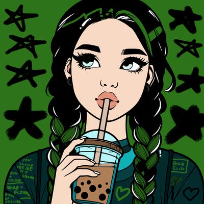 realistic girl with braided hair drinking boba