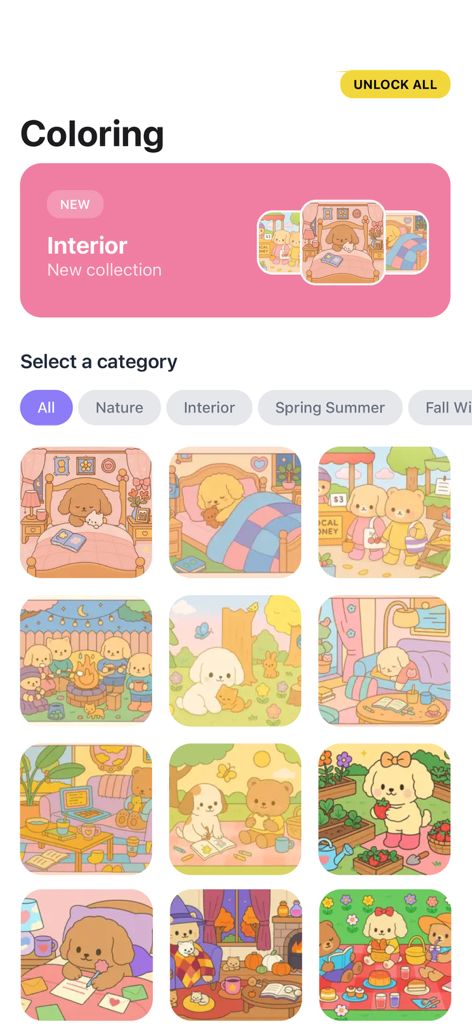 Interfaz de la aplicación Doodle Goods que muestra una variedad de lindas páginas para colorear dibujadas a mano y categorías.