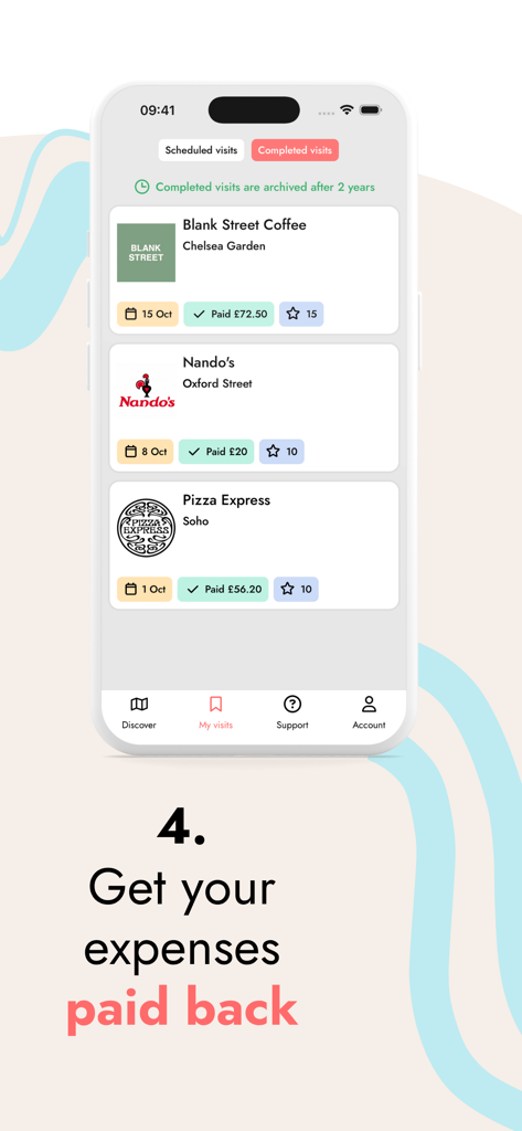 Pantalla de la aplicación Mystery Dining que muestra una lista de visitas a restaurantes completadas y estados de reembolso