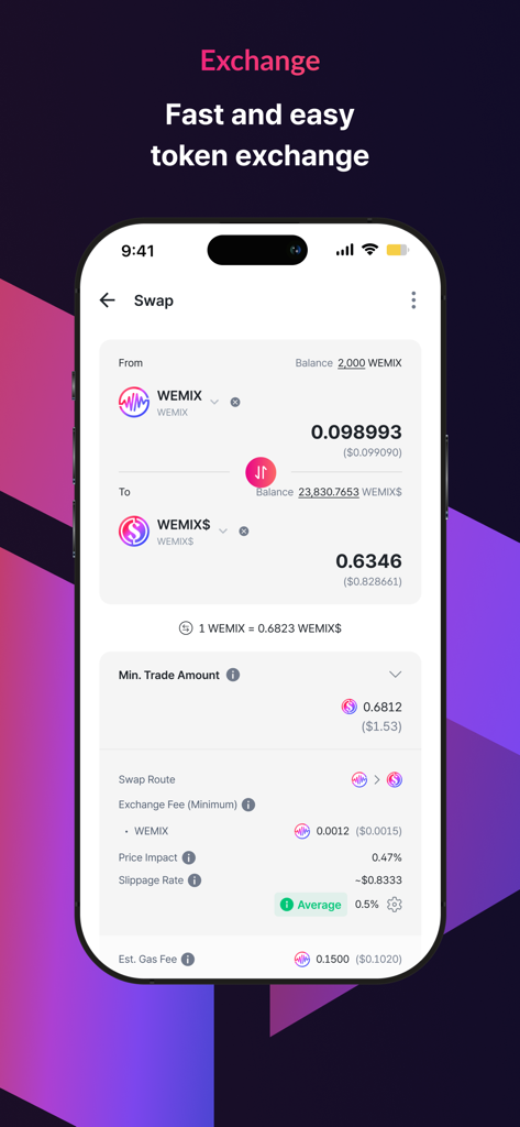 Eine mobile Benutzeroberfläche für die PLAY Wallet, die den Prozess des Austauschs von WEMIX-Token gegen WEMIX-Dollar zeigt.
