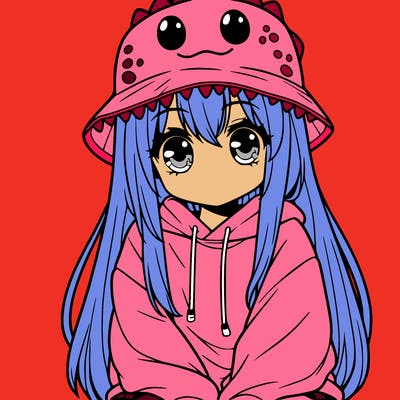 girl with anime shaped eyes with a dinosaur bucket hat oversized sweatshirt long straight hair