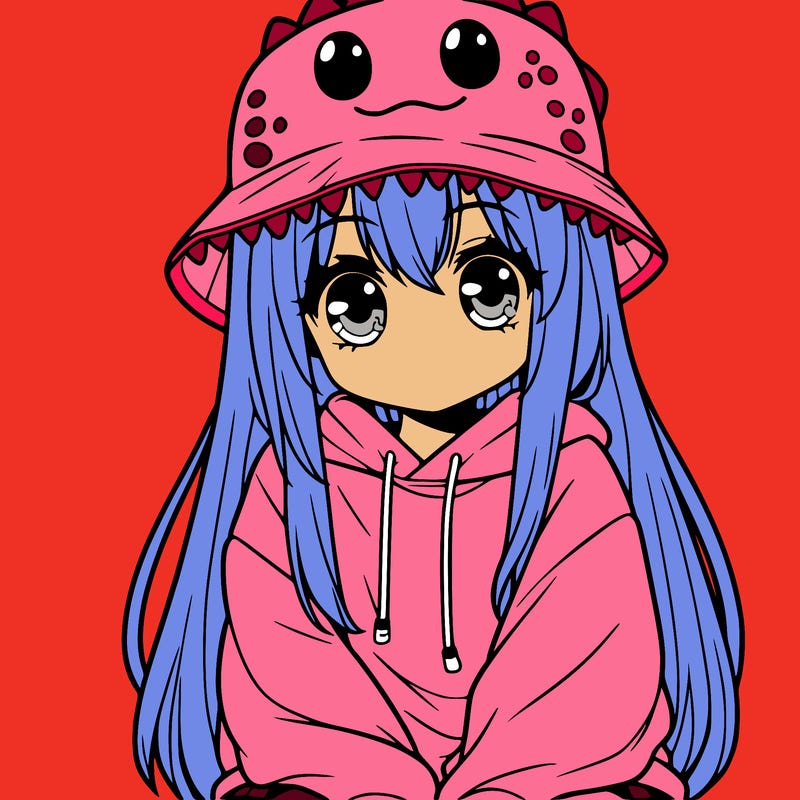 girl with anime shaped eyes with a dinosaur bucket hat oversized sweatshirt long straight hair