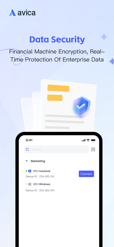 Avica Business - Interfaz de la aplicación móvil Avica Business mostrando la seguridad de los datos y la gestión remota de dispositivos