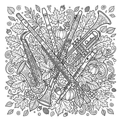 Unleash your creativity with this beautiful coloring page, merging the elegance of wind instruments with the rustic charm of autumn. Explore a rich tapestry of flutes, clarinets, and trumpets nestled among fall leaves, pumpkins, and berries.