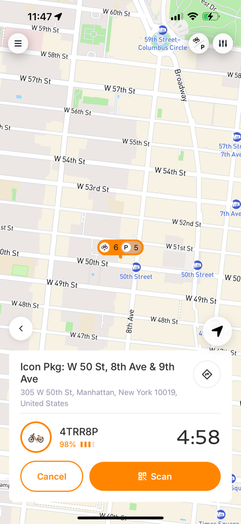 JOCO app map interface showing available delivery e-bikes in Manhattan with reservation details and battery status