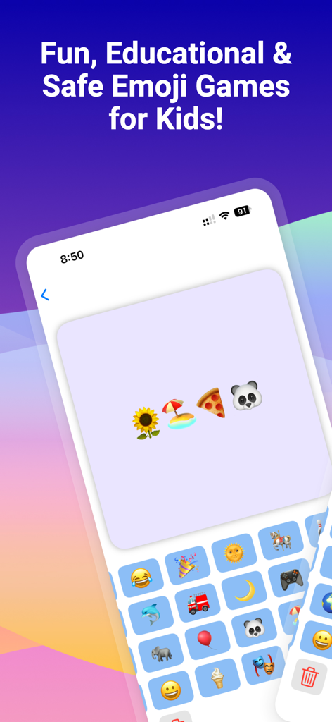 Emoji Games For Kids - Interfaz de la aplicación educativa Juegos de Emojis para Niños mostrando un juego de emparejamiento de patrones de emojis para niños pequeños