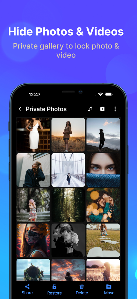 Piano⁺ Vault - Hide Photos - Interface of the Piano Vault app showing a private gallery with hidden photos and videos