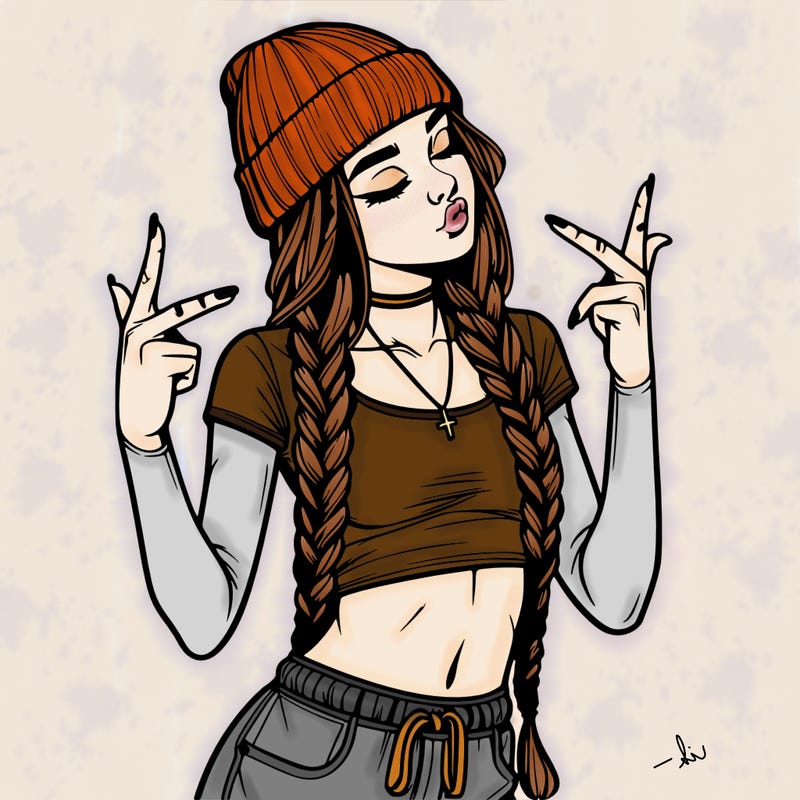 realistic teenage girl with braids and a beanie and crop top doing 🫶🏼