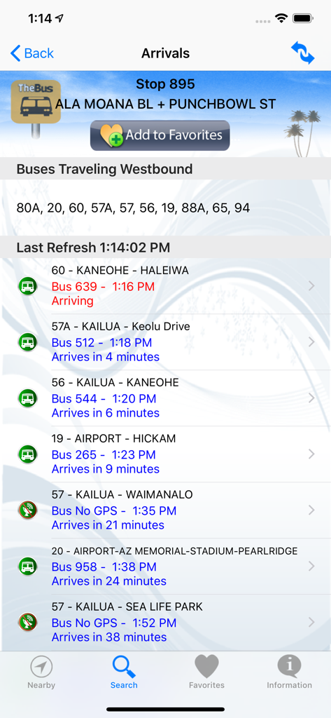DaBus2 app screen showing real-time bus arrivals for a stop on Oahu