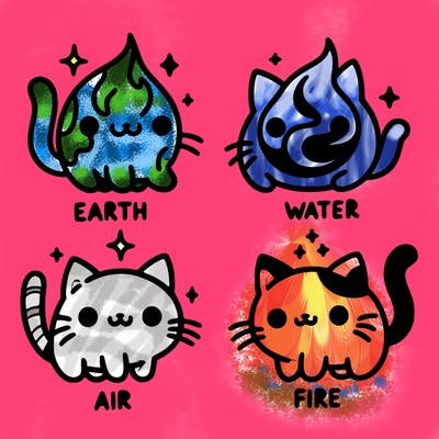 4 cats that represent the different elements, earth, water, air, and fire