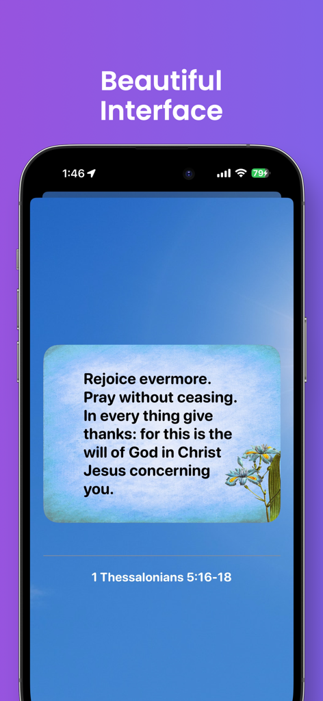 KJV Bible Verses Widget - Screenshot of the KJV Bible Verses Widget app showing 1 Thessalonians 5:16-18 on a blue sky background.