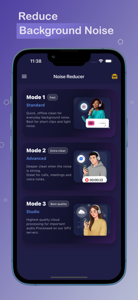 AI Background Noise Reducer - Interfaz de usuario de la aplicación Reductor de Ruido de Fondo con IA que muestra tres opciones de procesamiento: Estándar, Avanzado y Estudio.