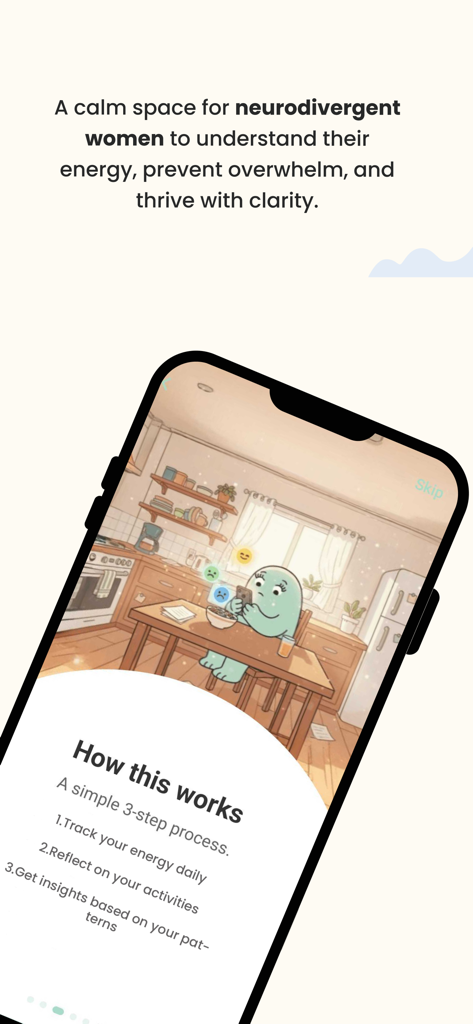 Lira for Neurodivergent Women - Onboarding screen for the Lira app showing the 3-step process for neurodivergent women to track energy and gain insights.