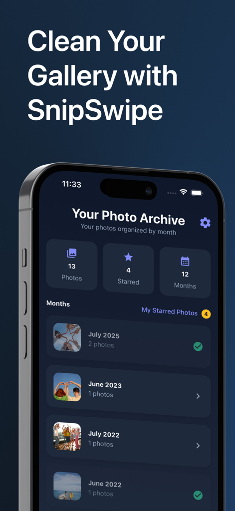 Storage Guru: Phone Cleaner - Storage Guru app interface showing the photo archive screen with gallery images organized by month.