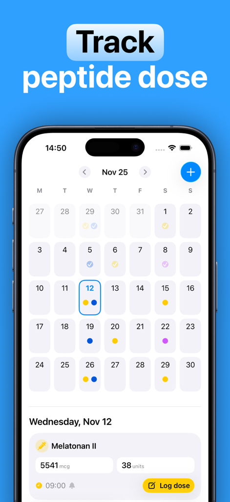 A calendar view in the Peptide Calculator PRO app showing daily dose tracking for a peptide called Melatonan II