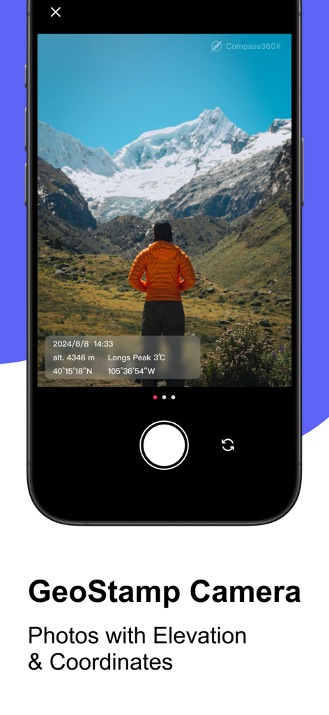 Compass360X-GPS Speedometer - A hiker looking at snowy mountains with a GeoStamp camera overlay showing altitude and GPS coordinates.