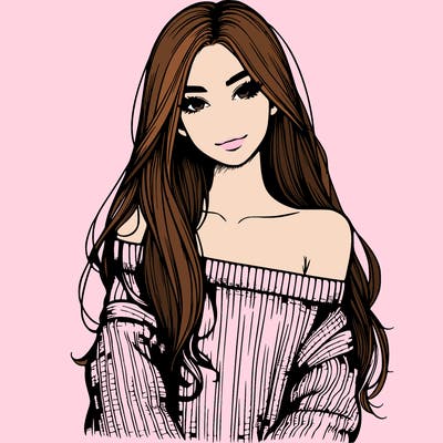 realistic girl with long hair wearing an off the shoulder sweater