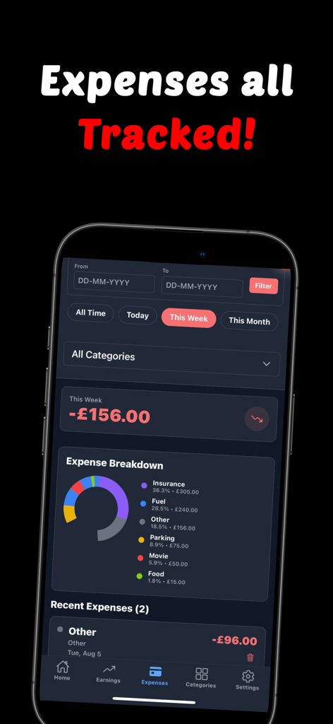 Taxi Log - Taxi Log app interface displaying a weekly expense breakdown and donut chart for gig drivers