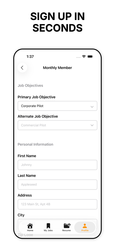 climbto350: aviation job board - Sign up screen for the climbto350 aviation job board showing pilot job objective options and personal details form.