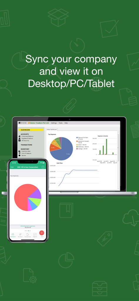 Book Keeper Accounting app dashboard displayed on both a smartphone and a laptop showing data synchronization