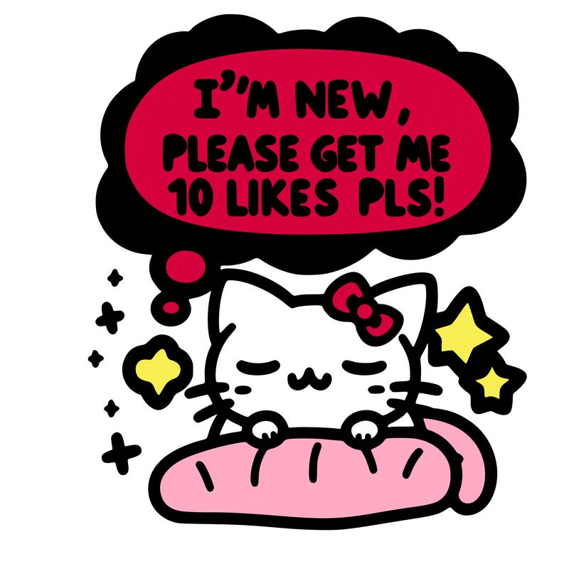 kitty taking a nap dream talking and saying "i'm new, please get me at least 10 likes pls!!"