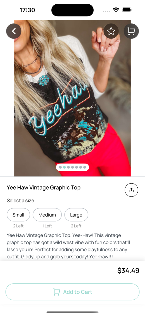The Rack - Product page for a Yee Haw Vintage Graphic Top on The Rack boutique app featuring size selection and pricing