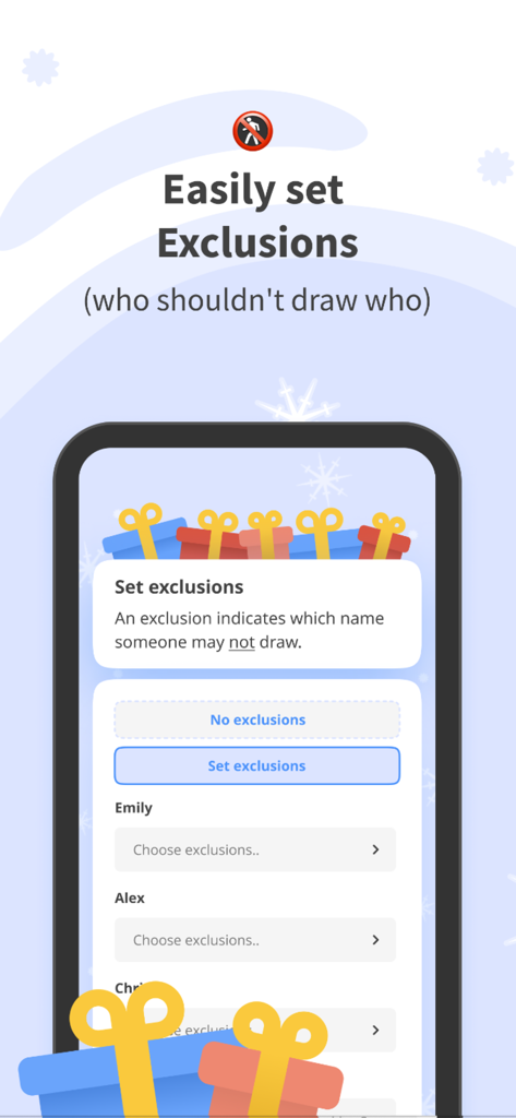 The drawnames Secret Santa app interface for setting exclusions to prevent specific participants from drawing each other