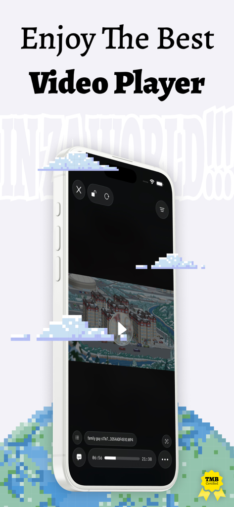 Sub AI - Video Translator - Un smartphone affichant l'interface du lecteur vidéo Sub AI avec les contrôles de lecture et une barre de progression sur un fond pixel art.