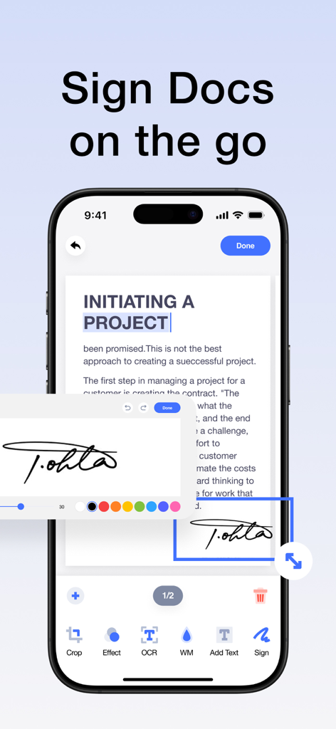 iPhone interface showing a digital signature being applied to a document for mobile productivity