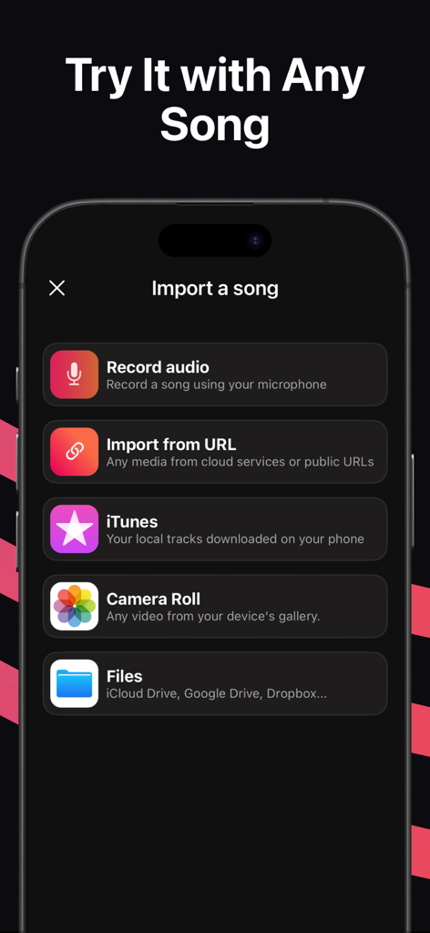 Stemz: remover vocal audio pro - Stemz App-Oberfläche, die verschiedene Optionen zur Musikeinführung zeigt, einschließlich Audioaufnahme, URL, iTunes und Cloud-Dateien.