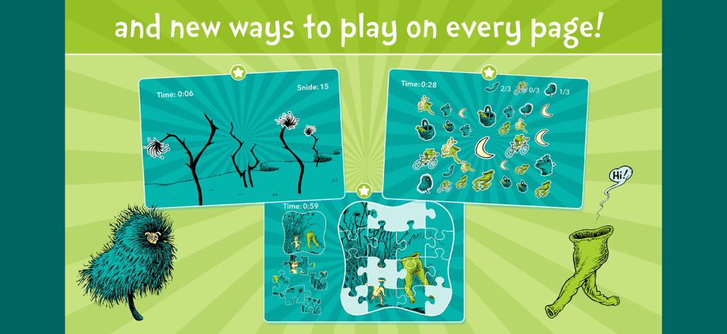 Interactive mini games and puzzles in the Dr Seuss What Was I Scared Of app