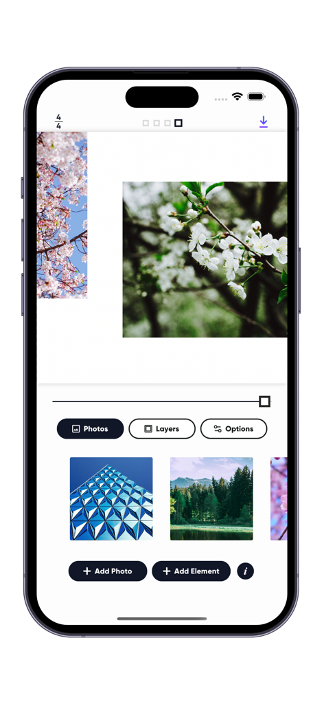 Carousel Collage Maker - Uno schermo di telefono cellulare che mostra l'interfaccia di editing per creare caroselli Instagram senza interruzioni con foto floreali