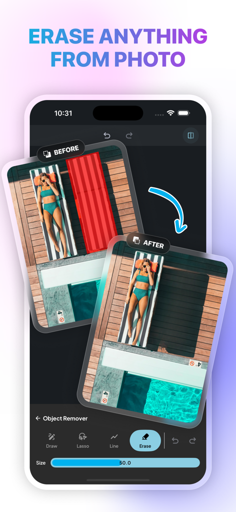 Photo Remove Unwanted Object - Smartphone-Bildschirm, der einen Vorher-Nachher-Vergleich der Entfernung einer roten Boje aus einem Poolfoto zeigt