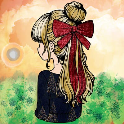 realistic girl  with hip length hair a bun and a big bow on the back of head