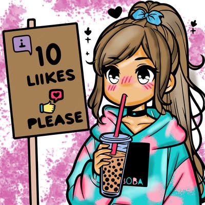 girl with a high ponytail and a hoodie drinking boba staring at a sign saying 10 likes please