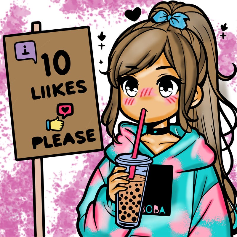 girl with a high ponytail and a hoodie drinking boba staring at a sign saying 10 likes please