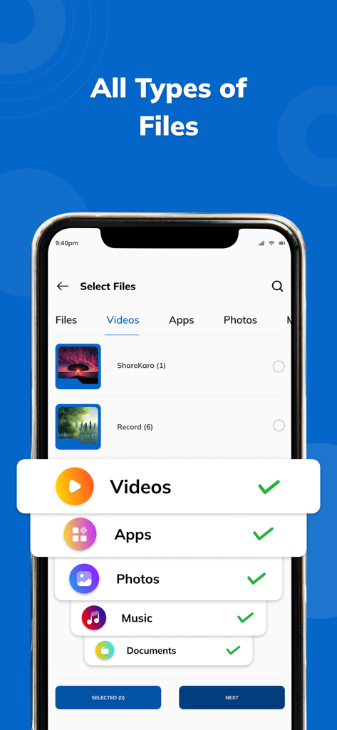 ShareMe - File Share - Una interfaz móvil de la aplicación ShareMe mostrando una selección de tipos de archivo que incluyen videos aplicaciones fotos música y documentos para una transferencia rápida