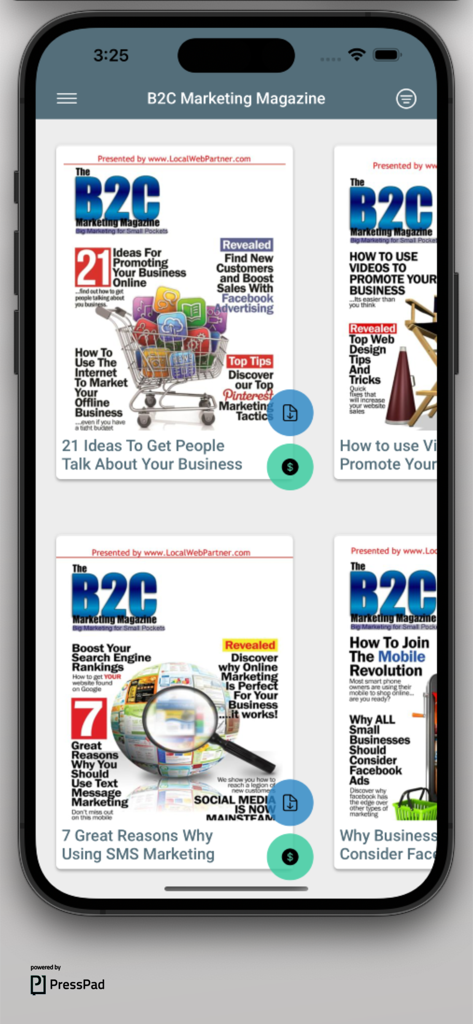 B2C Marketing Magazine - Smartphone screen displaying the B2C Marketing Magazine app interface with a library of digital marketing magazine covers.