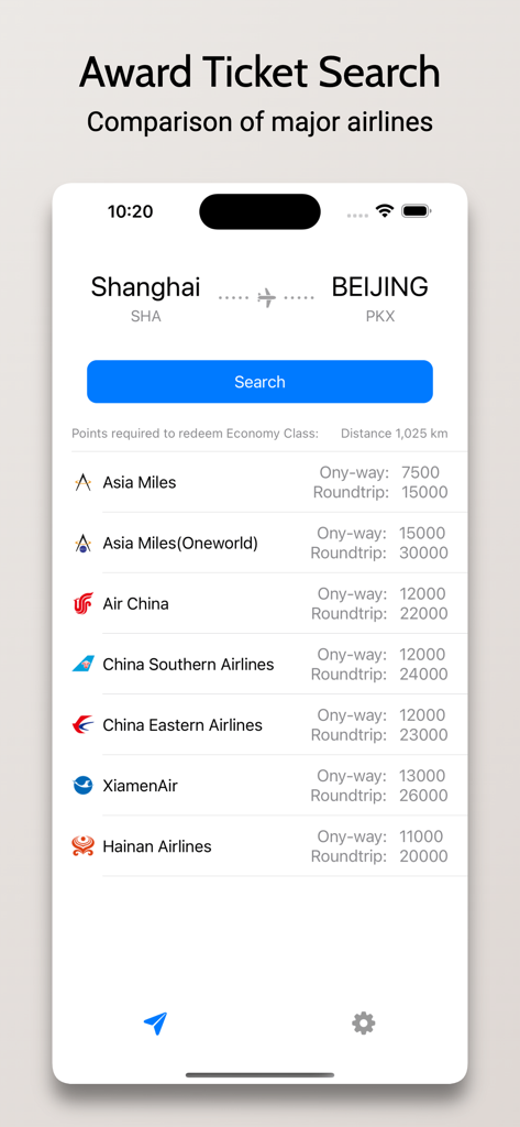 Award ticket search screen comparing frequent flyer miles for various airlines