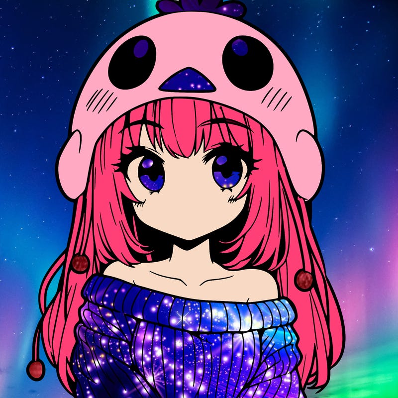 anime girl with chick shaped hat with sweater with bare shoulders with bangs covering them one eye with low tail