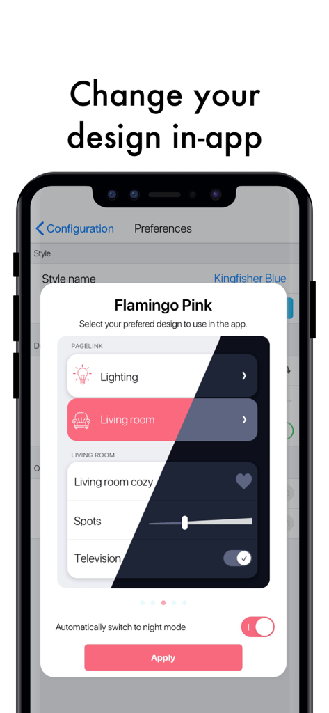 xxter - Interface do usuário para alterar o tema de design no aplicativo de casa inteligente xxter em um iPhone