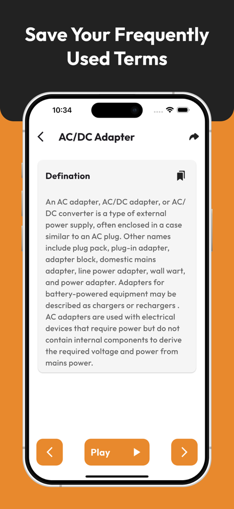 A smartphone screen from the Computer Science Dictionary app displaying the definition of AC DC Adapter with options to save or listen to the term