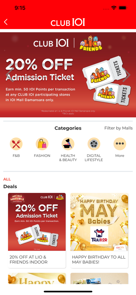 CLUB IOI - The home screen of the CLUB IOI app displaying mall discounts and shopping categories