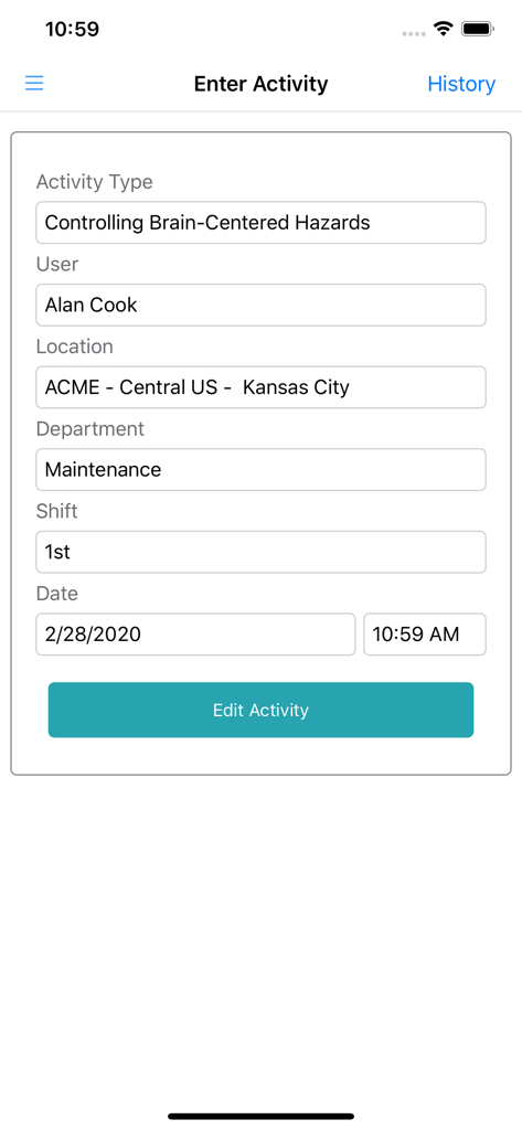 SafeAlign - SafeAlign app screen for entering a new safety activity including fields for hazard type location and department