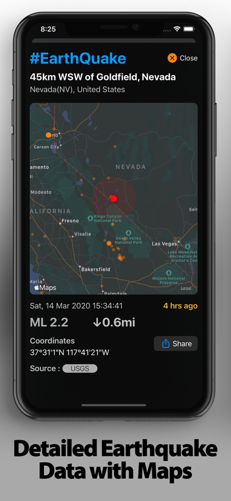 A mobile app interface showing detailed earthquake data and a map pinpointing an epicenter in Nevada