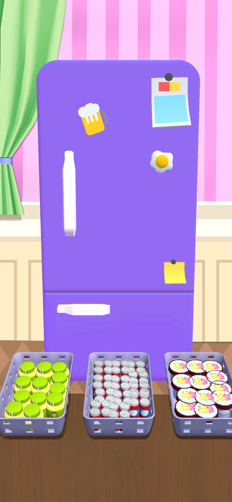 A purple refrigerator with baskets of food and soda cans ready to be organized in a mobile game.