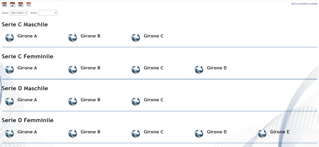 FWM - Fipav Web Manager - Dashboard che mostra i gironi dei campionati di pallavolo italiani per le categorie Serie C e Serie D.