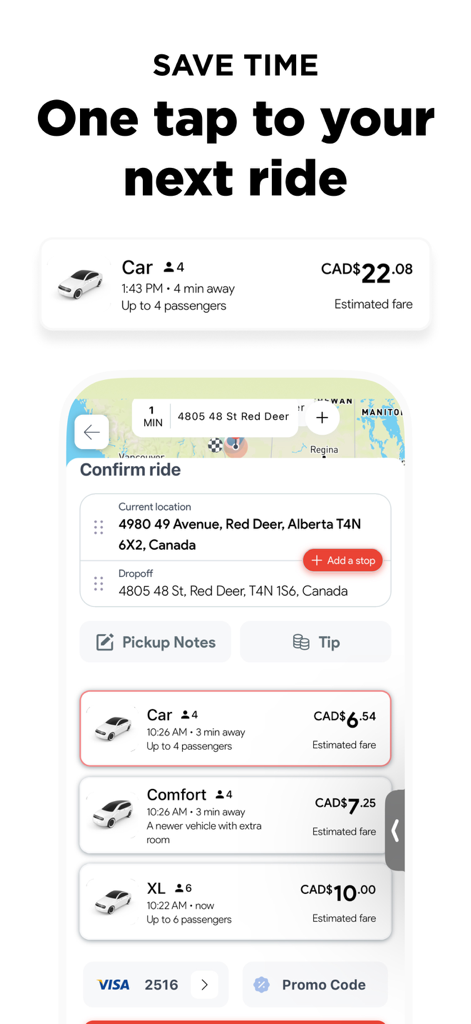 Smartphone-Bildschirm, der die Uride Passenger App mit Fahrbestätigungsdetails und Fahrpreisoptionen anzeigt.