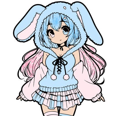 pretty anime girl wearing a fluffy hoodie with bunny ears on the hood and a skirt