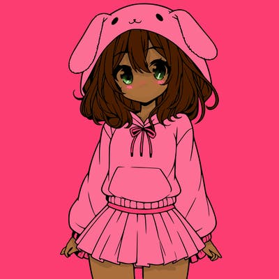 pretty anime girl wearing a fluffy hoodie with bunny ears on the hood and a skirt